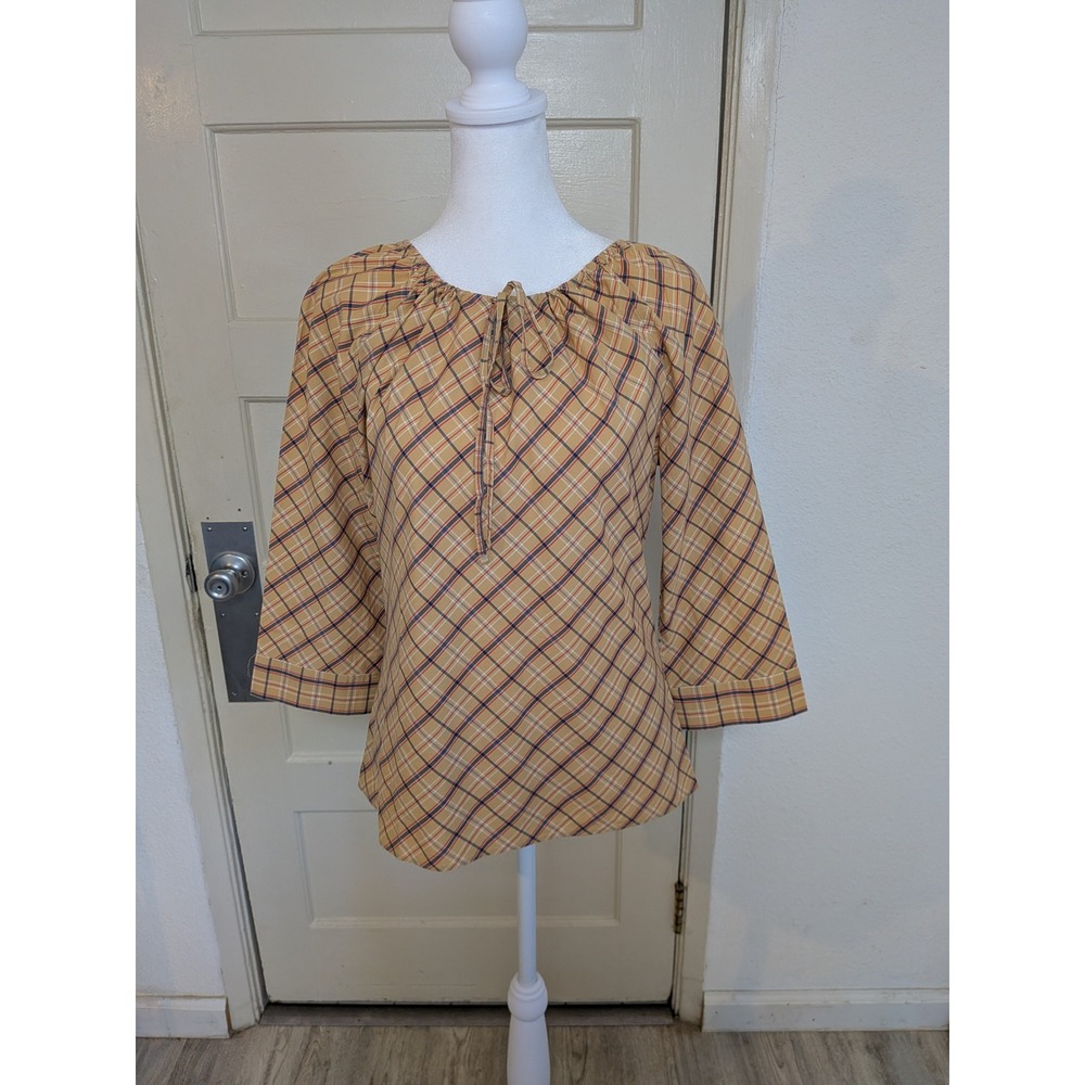 Marks &‎ Spencer Plaid Cotton Peasant Blouse Beige Red Navy UK 10/US 6
